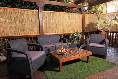 בקתות עץ אורן - החצר והבריכה